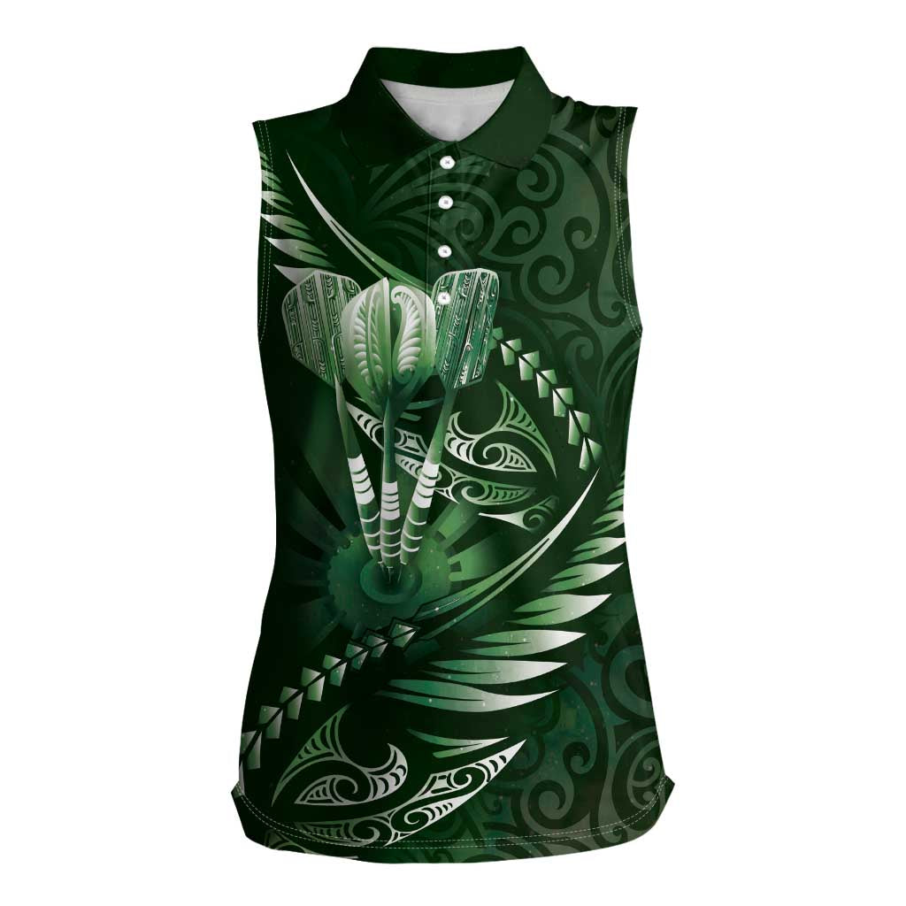Personalised All Green New Zealand Darts Women Sleeveless Polo Shirt Aoteroa Fern Maori Galaxy Style