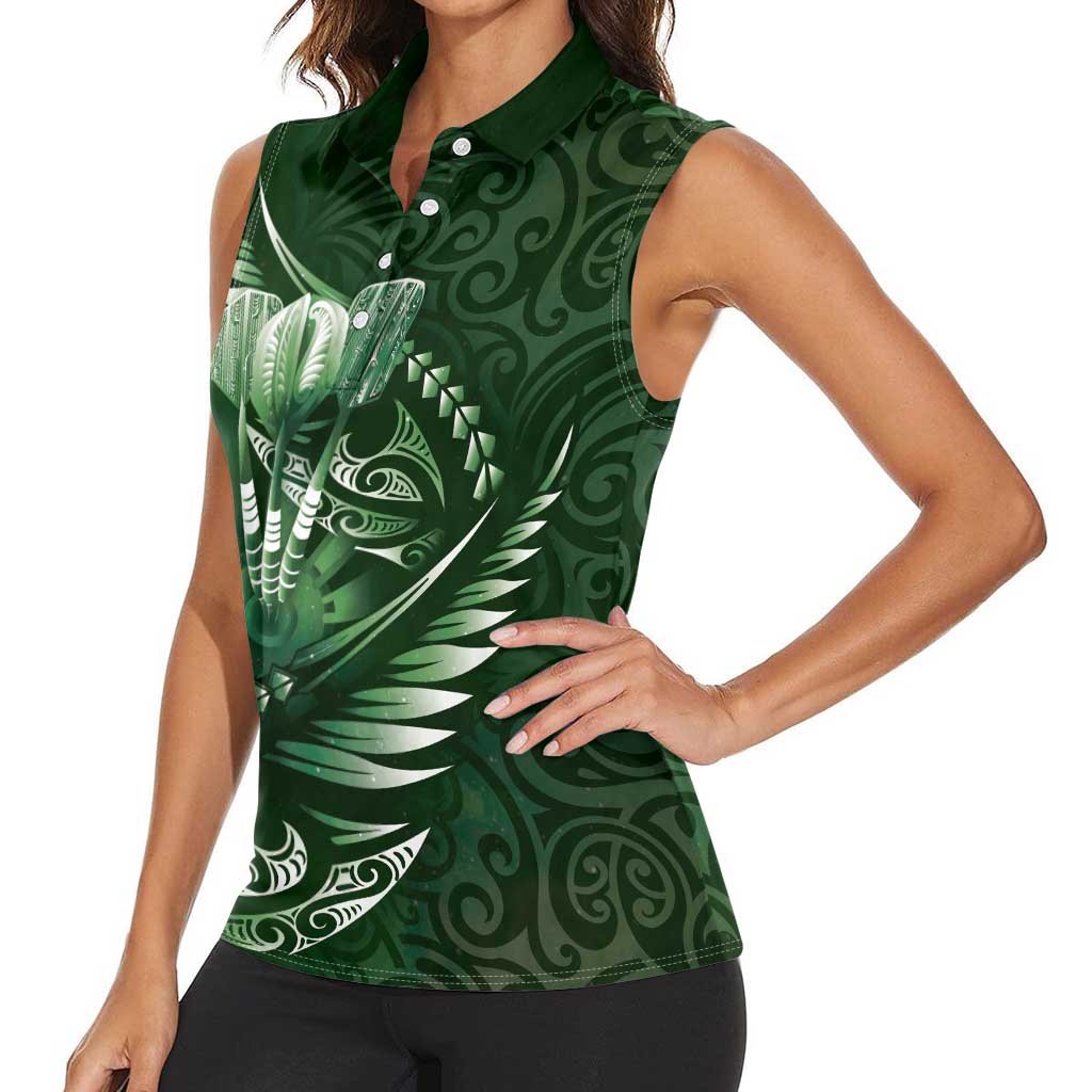 Personalised All Green New Zealand Darts Women Sleeveless Polo Shirt Aoteroa Fern Maori Galaxy Style