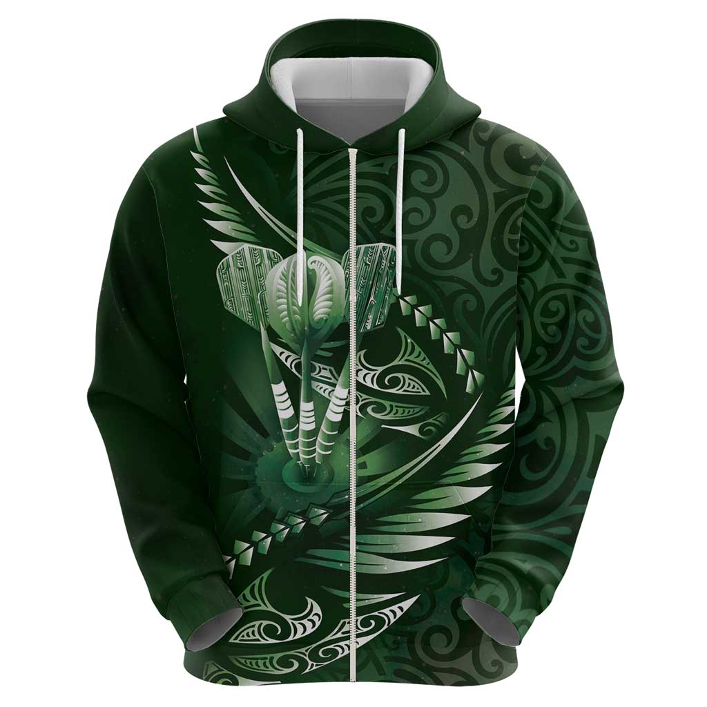 Personalised All Green New Zealand Darts Zip Hoodie Aoteroa Fern Maori Galaxy Style