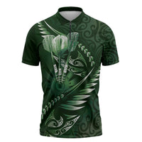 Personalised All Green New Zealand Darts Zipper Polo Shirt Aoteroa Fern Maori Galaxy Style - Polynesian Pride