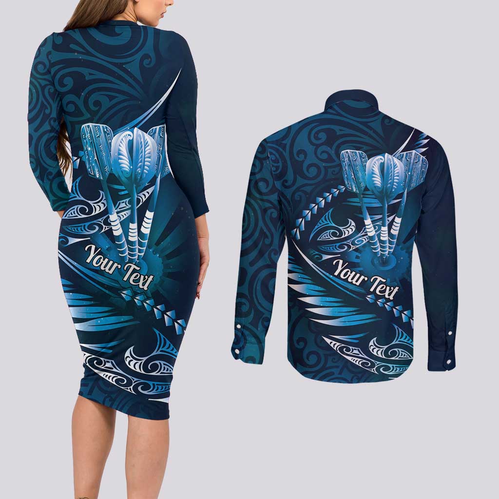 Personalised All Blue New Zealand Darts Couples Matching Long Sleeve Bodycon Dress and Long Sleeve Button Shirt Aoteroa Fern Maori Galaxy Style