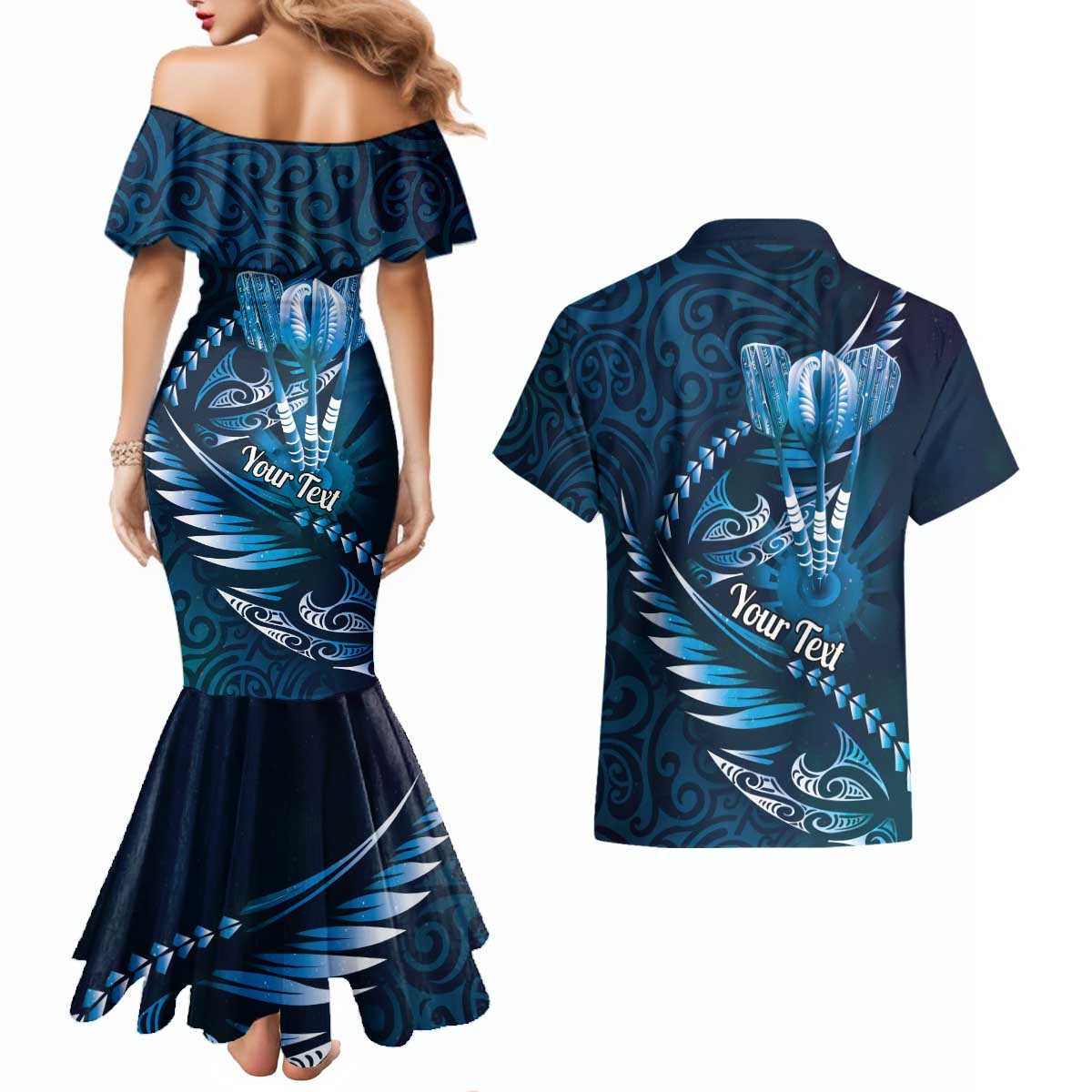 Personalised All Blue New Zealand Darts Couples Matching Mermaid Dress and Hawaiian Shirt Aoteroa Fern Maori Galaxy Style