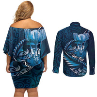 Personalised All Blue New Zealand Darts Couples Matching Off Shoulder Short Dress and Long Sleeve Button Shirt Aoteroa Fern Maori Galaxy Style