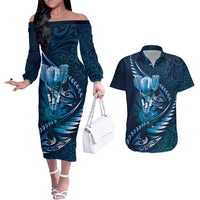 Personalised All Blue New Zealand Darts Couples Matching Off The Shoulder Long Sleeve Dress and Hawaiian Shirt Aoteroa Fern Maori Galaxy Style