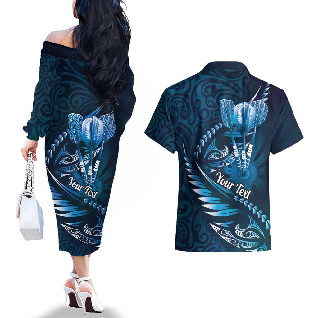 Personalised All Blue New Zealand Darts Couples Matching Off The Shoulder Long Sleeve Dress and Hawaiian Shirt Aoteroa Fern Maori Galaxy Style