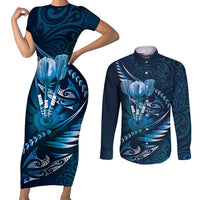 Personalised All Blue New Zealand Darts Couples Matching Short Sleeve Bodycon Dress and Long Sleeve Button Shirt Aoteroa Fern Maori Galaxy Style