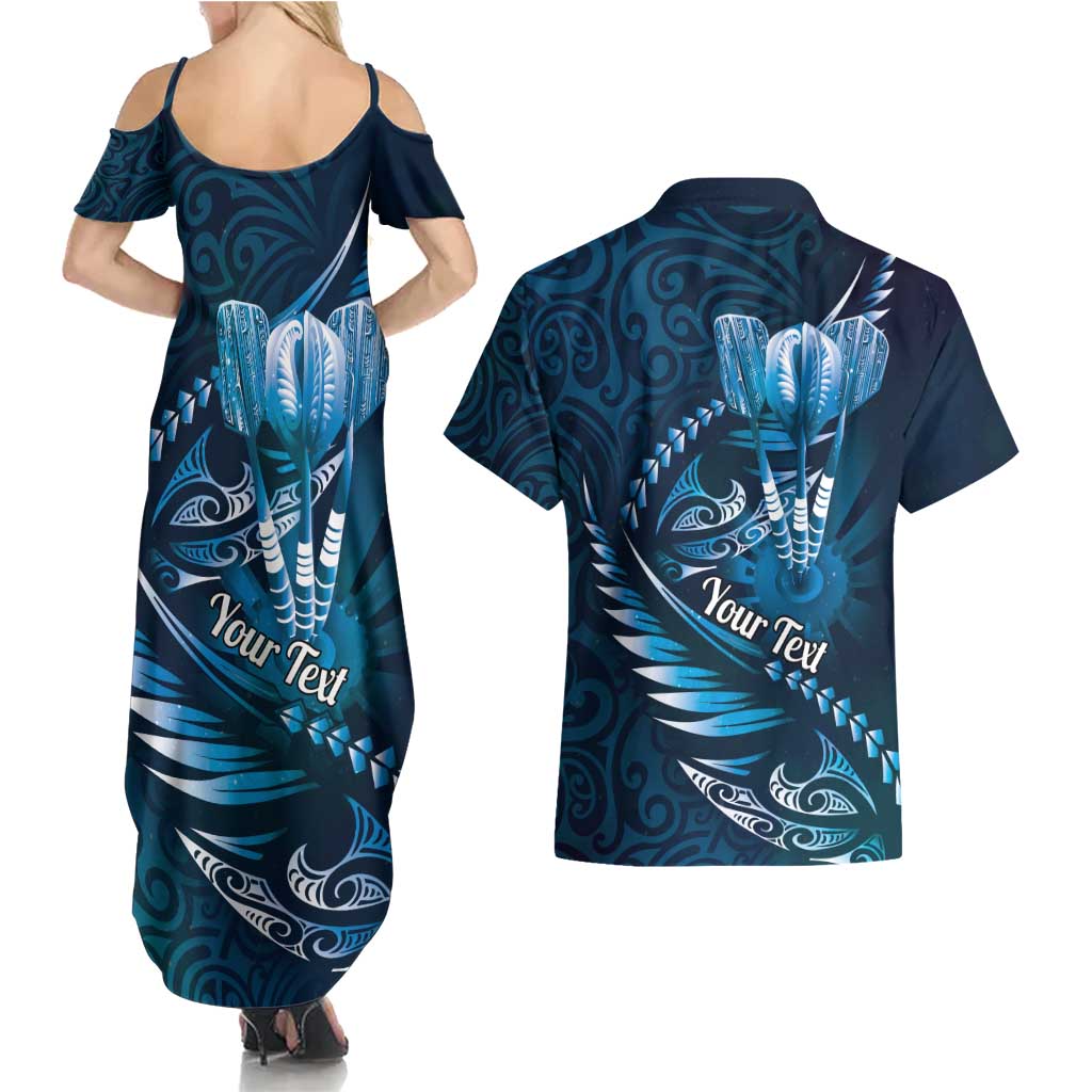Personalised All Blue New Zealand Darts Couples Matching Summer Maxi Dress and Hawaiian Shirt Aoteroa Fern Maori Galaxy Style