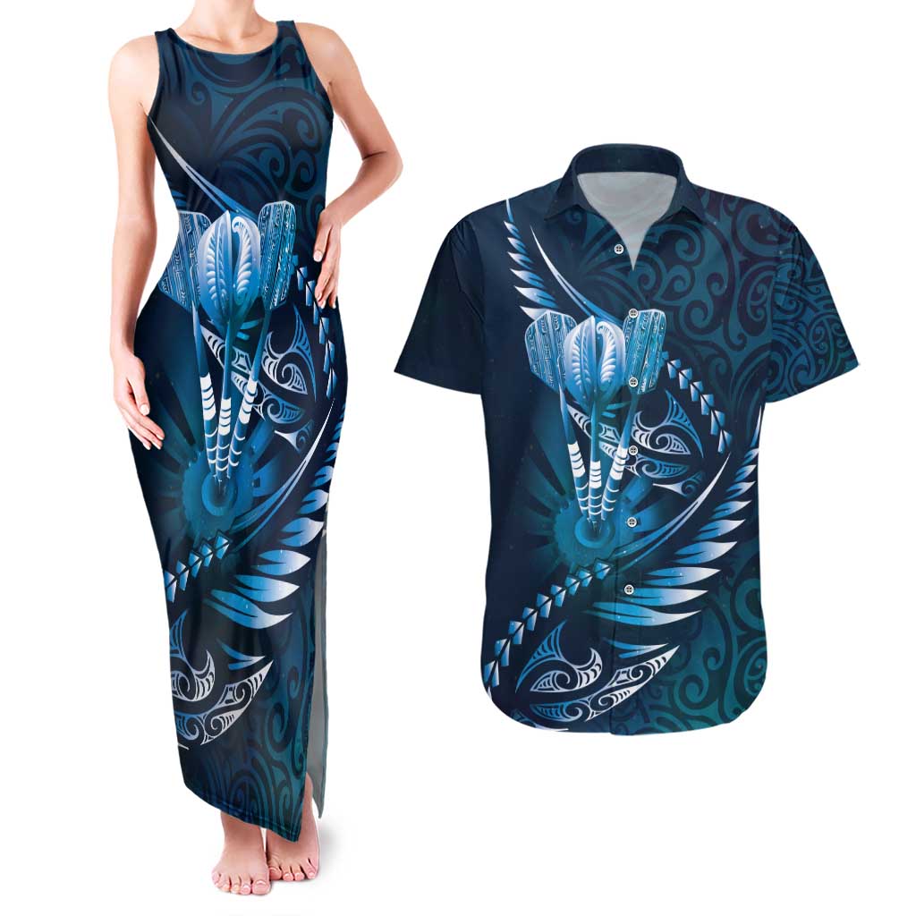 Personalised All Blue New Zealand Darts Couples Matching Tank Maxi Dress and Hawaiian Shirt Aoteroa Fern Maori Galaxy Style