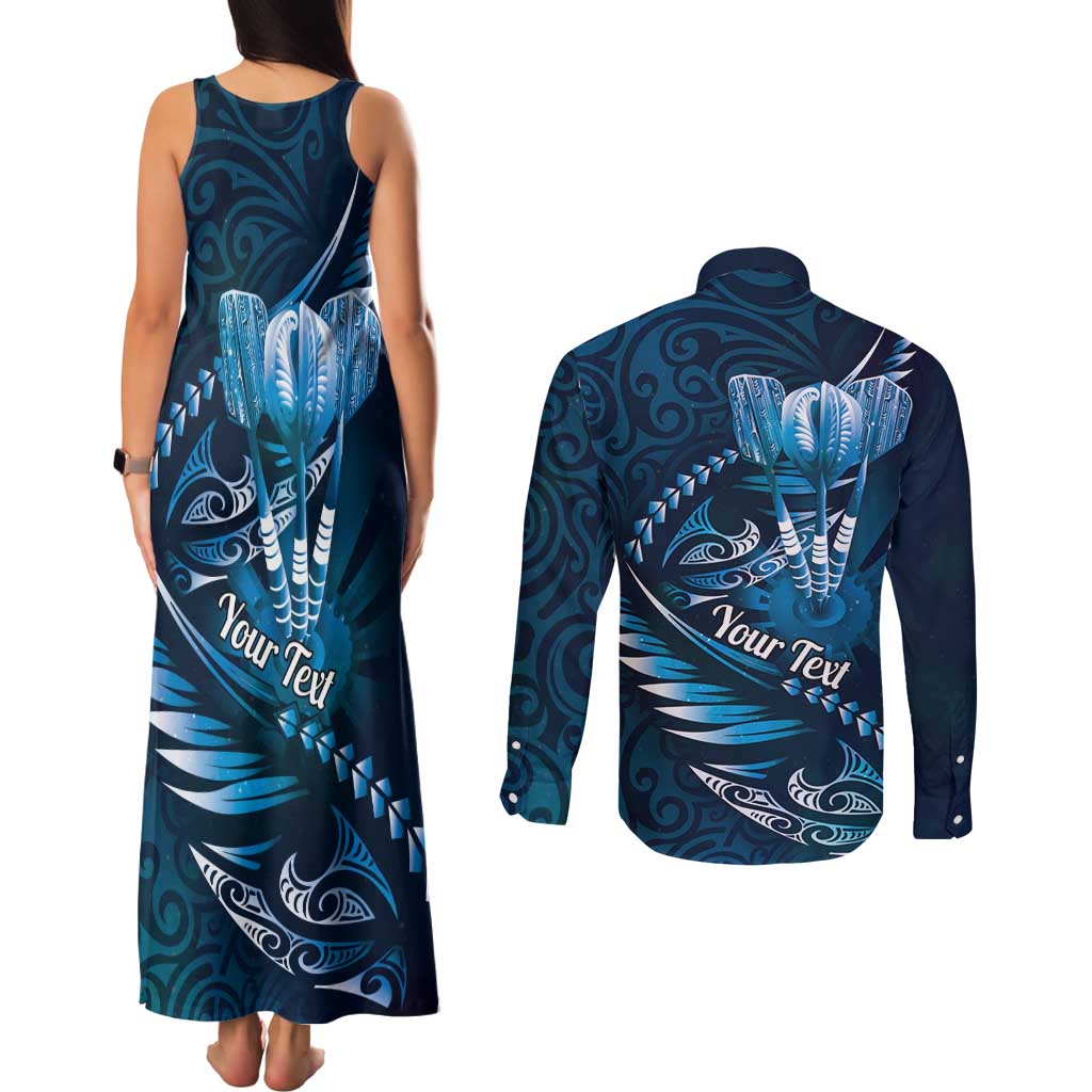 Personalised All Blue New Zealand Darts Couples Matching Tank Maxi Dress and Long Sleeve Button Shirt Aoteroa Fern Maori Galaxy Style