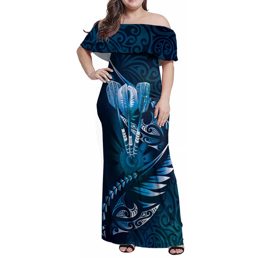Personalised All Blue New Zealand Darts Family Matching Off Shoulder Maxi Dress and Hawaiian Shirt Aoteroa Fern Maori Galaxy Style