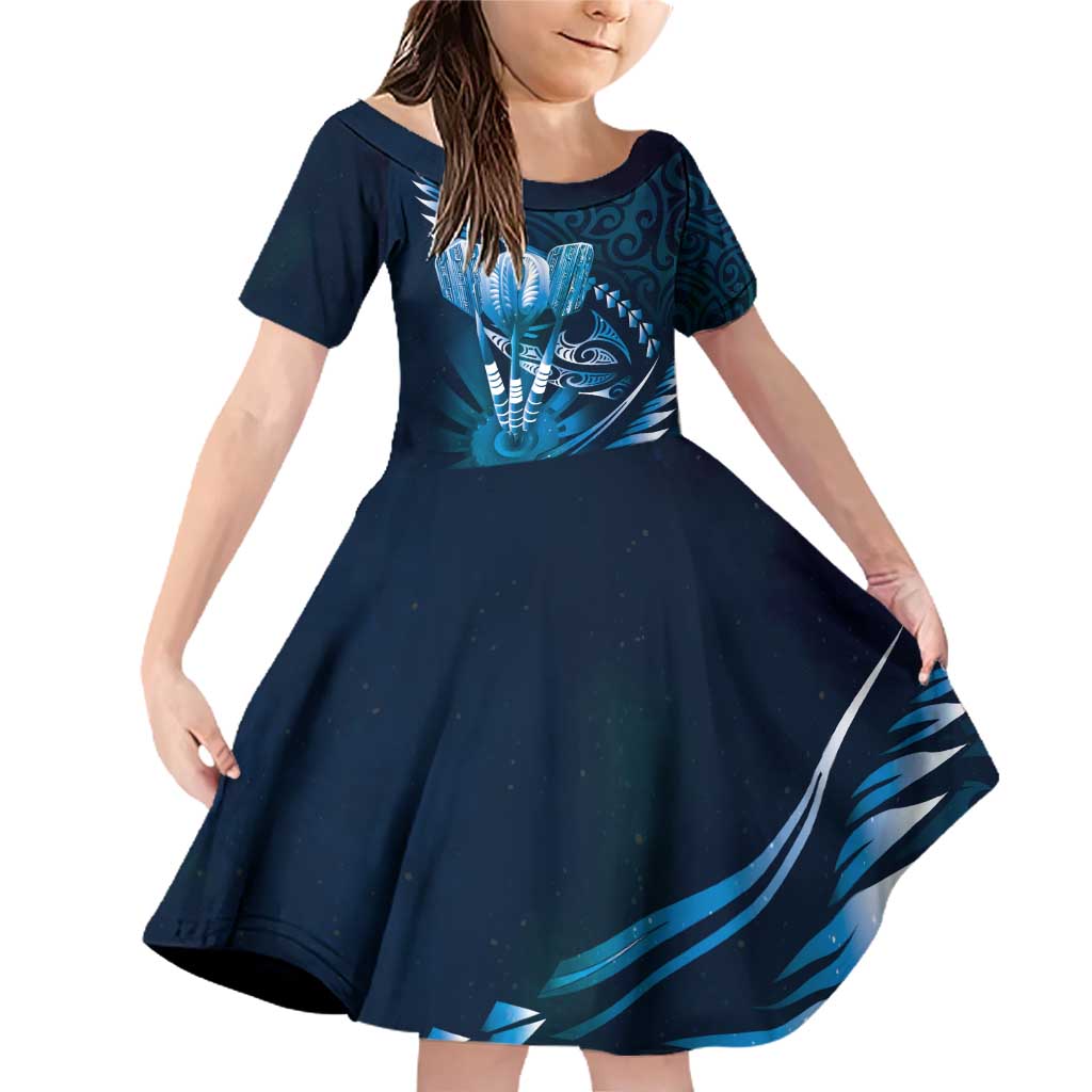 Personalised All Blue New Zealand Darts Family Matching Off Shoulder Short Dress and Hawaiian Shirt Aoteroa Fern Maori Galaxy Style