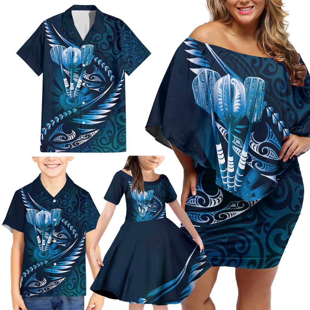 Personalised All Blue New Zealand Darts Family Matching Off Shoulder Short Dress and Hawaiian Shirt Aoteroa Fern Maori Galaxy Style