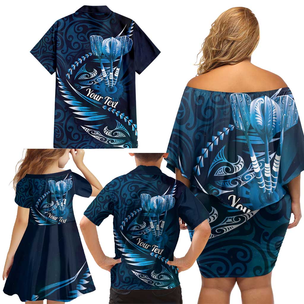 Personalised All Blue New Zealand Darts Family Matching Off Shoulder Short Dress and Hawaiian Shirt Aoteroa Fern Maori Galaxy Style