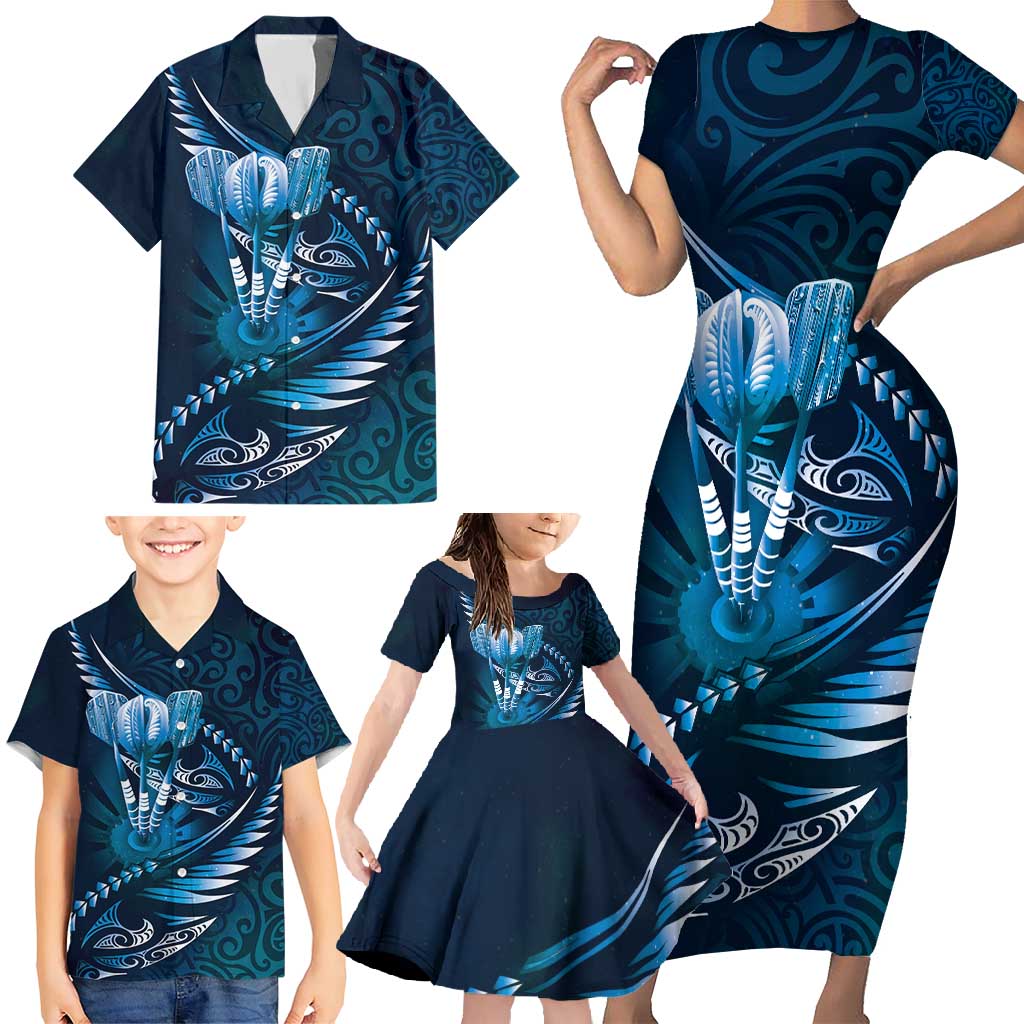 Personalised All Blue New Zealand Darts Family Matching Short Sleeve Bodycon Dress and Hawaiian Shirt Aoteroa Fern Maori Galaxy Style