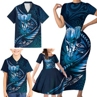 Personalised All Blue New Zealand Darts Family Matching Short Sleeve Bodycon Dress and Hawaiian Shirt Aoteroa Fern Maori Galaxy Style