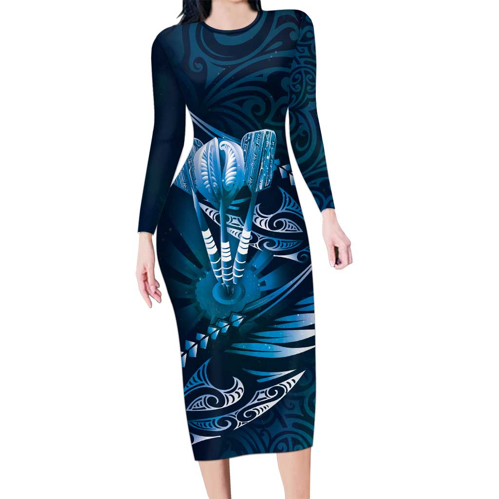 Personalised All Blue New Zealand Darts Long Sleeve Bodycon Dress Aoteroa Fern Maori Galaxy Style