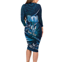 Personalised All Blue New Zealand Darts Long Sleeve Bodycon Dress Aoteroa Fern Maori Galaxy Style