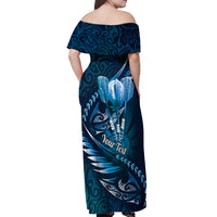 Personalised All Blue New Zealand Darts Off Shoulder Maxi Dress Aoteroa Fern Maori Galaxy Style
