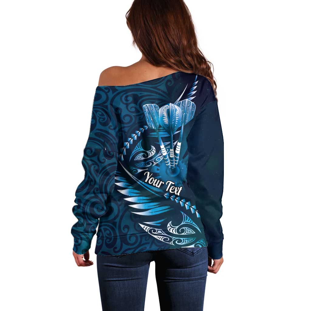 Personalised All Blue New Zealand Darts Off Shoulder Sweater Aoteroa Fern Maori Galaxy Style