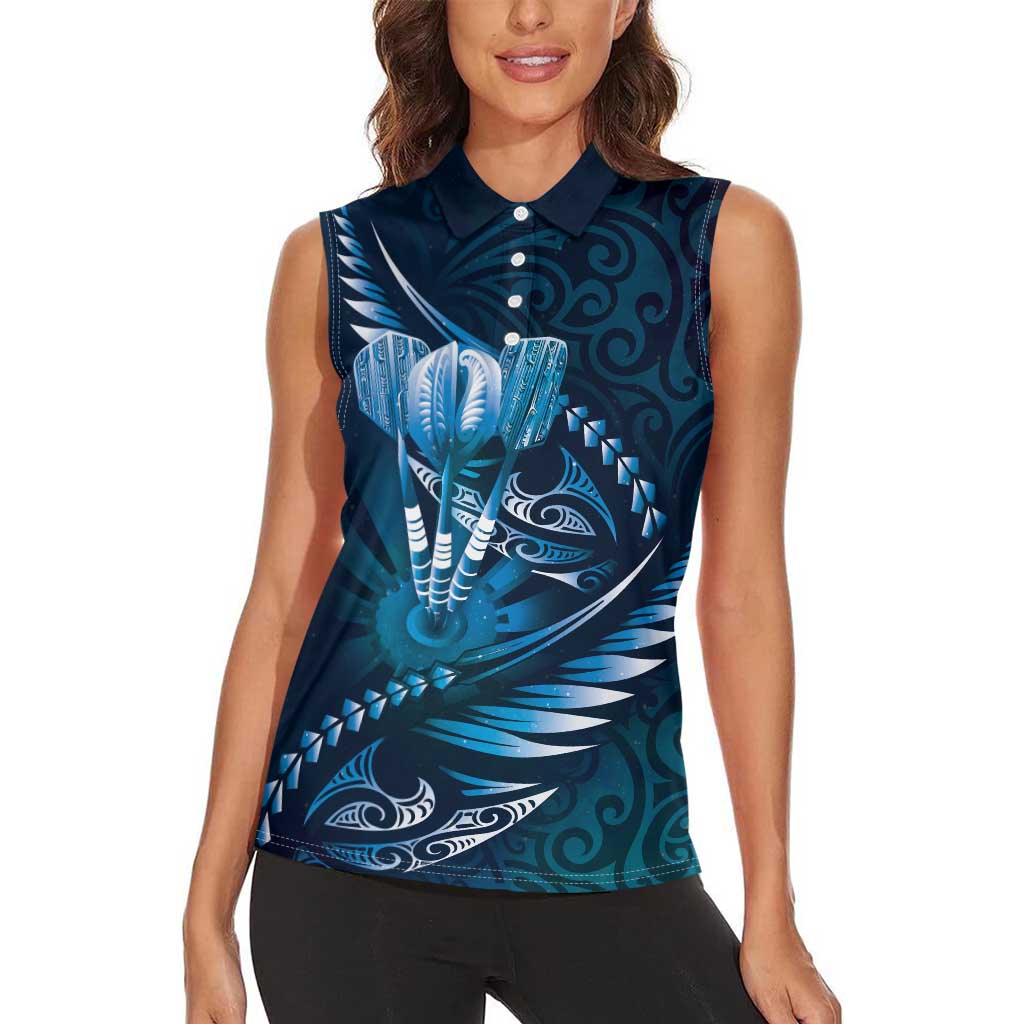 Personalised All Blue New Zealand Darts Women Sleeveless Polo Shirt Aoteroa Fern Maori Galaxy Style