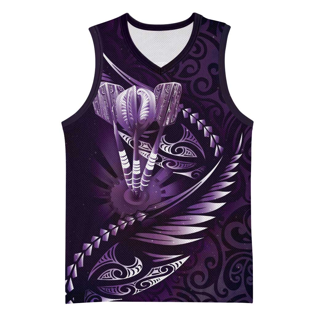 Personalised All Purple New Zealand Darts Basketball Jersey Aoteroa Fern Maori Galaxy Style - Polynesian Pride