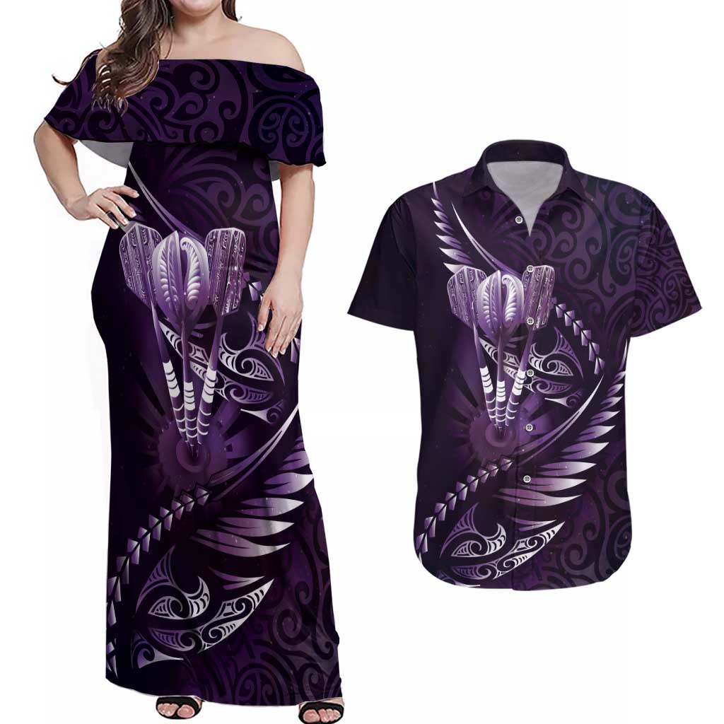 Personalised All Purple New Zealand Darts Couples Matching Off Shoulder Maxi Dress and Hawaiian Shirt Aoteroa Fern Maori Galaxy Style