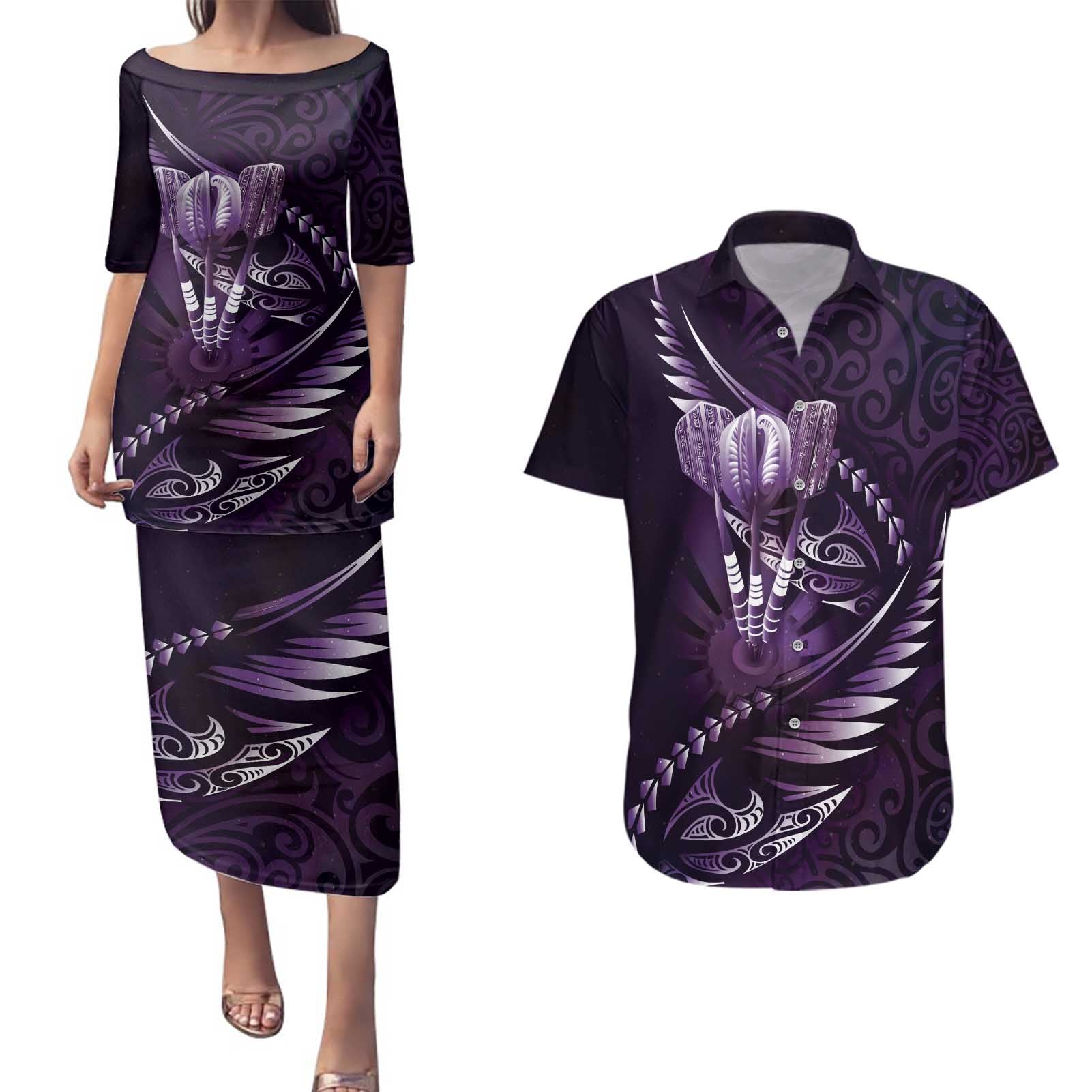 Personalised All Purple New Zealand Darts Couples Matching Puletasi and Hawaiian Shirt Aoteroa Fern Maori Galaxy Style