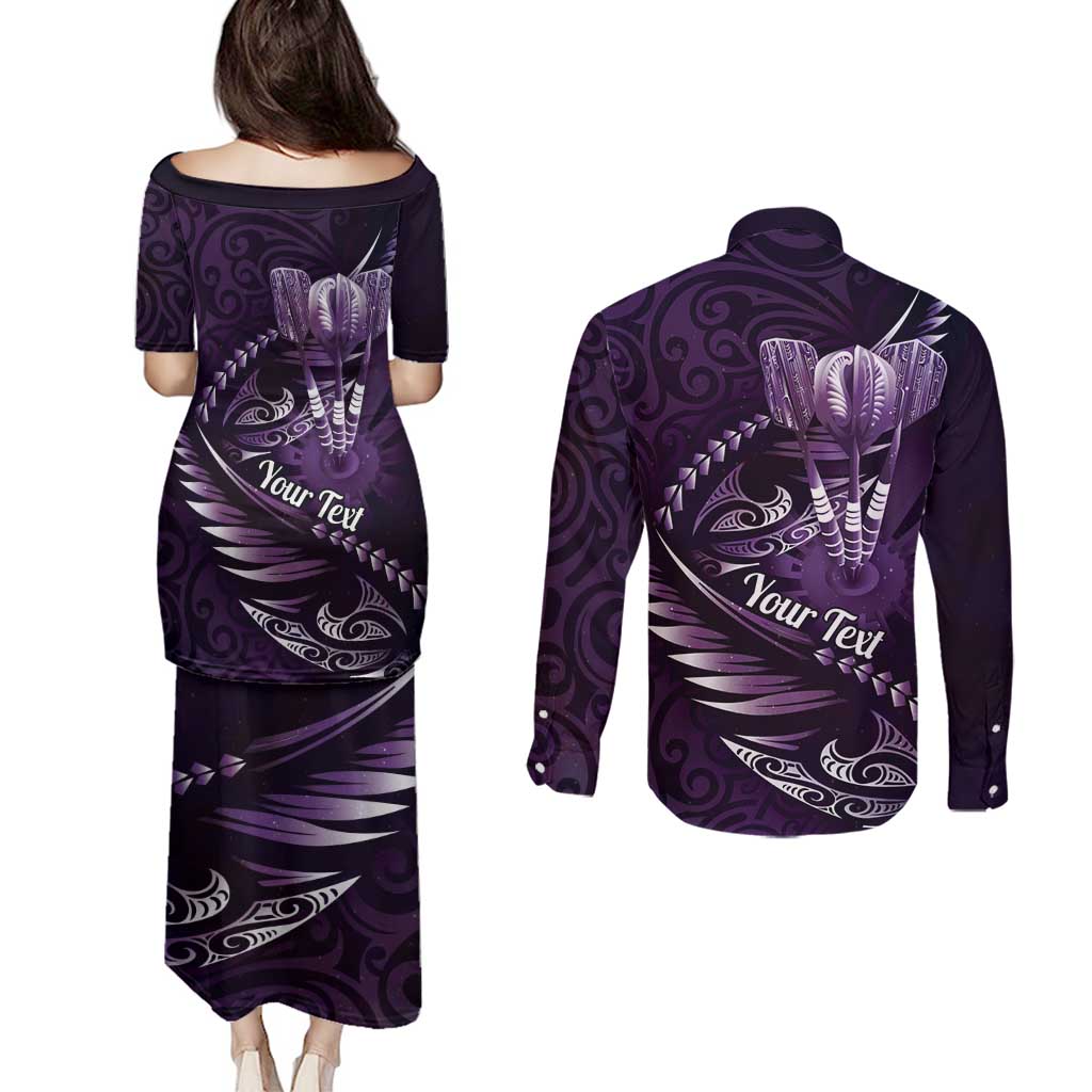 Personalised All Purple New Zealand Darts Couples Matching Puletasi and Long Sleeve Button Shirt Aoteroa Fern Maori Galaxy Style