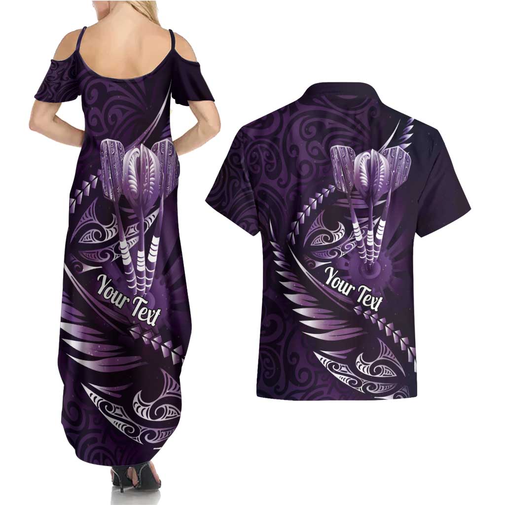 Personalised All Purple New Zealand Darts Couples Matching Summer Maxi Dress and Hawaiian Shirt Aoteroa Fern Maori Galaxy Style