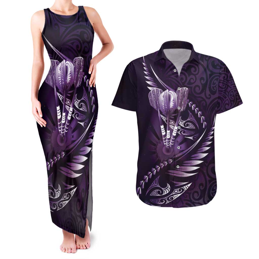 Personalised All Purple New Zealand Darts Couples Matching Tank Maxi Dress and Hawaiian Shirt Aoteroa Fern Maori Galaxy Style