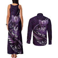 Personalised All Purple New Zealand Darts Couples Matching Tank Maxi Dress and Long Sleeve Button Shirt Aoteroa Fern Maori Galaxy Style
