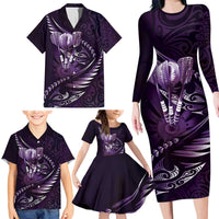 Personalised All Purple New Zealand Darts Family Matching Long Sleeve Bodycon Dress and Hawaiian Shirt Aoteroa Fern Maori Galaxy Style