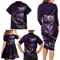 Personalised All Purple New Zealand Darts Family Matching Long Sleeve Bodycon Dress and Hawaiian Shirt Aoteroa Fern Maori Galaxy Style