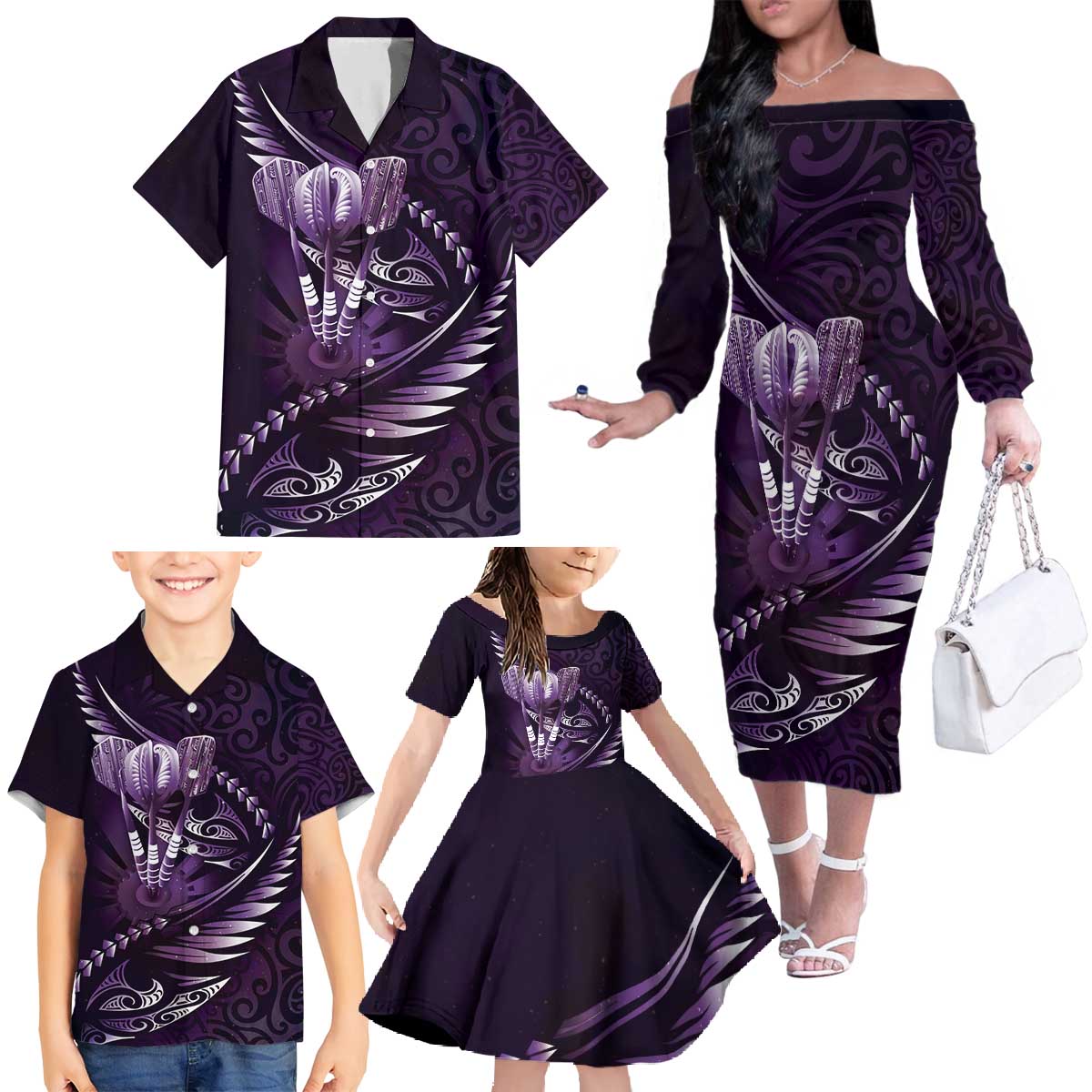 Personalised All Purple New Zealand Darts Family Matching Off The Shoulder Long Sleeve Dress and Hawaiian Shirt Aoteroa Fern Maori Galaxy Style