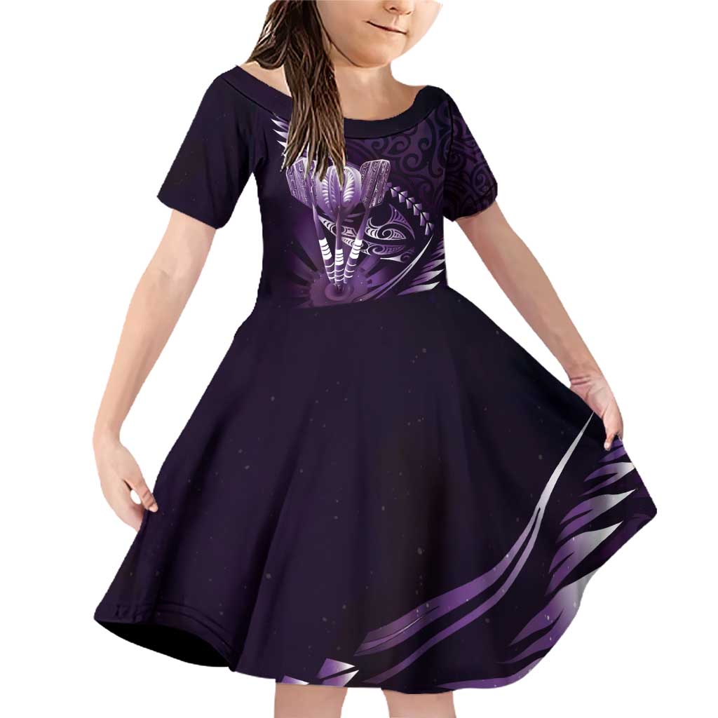 Personalised All Purple New Zealand Darts Family Matching Off Shoulder Short Dress and Hawaiian Shirt Aoteroa Fern Maori Galaxy Style