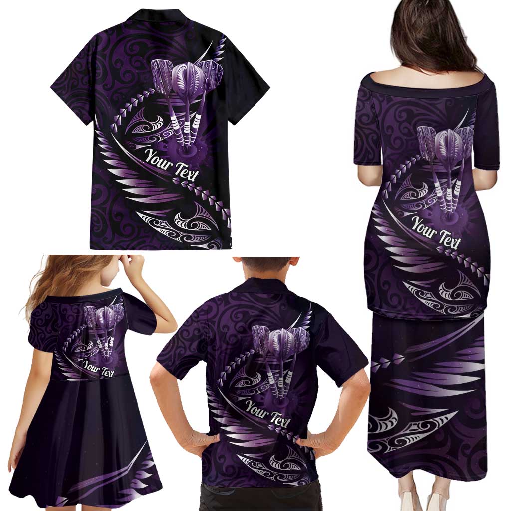 Personalised All Purple New Zealand Darts Family Matching Puletasi and Hawaiian Shirt Aoteroa Fern Maori Galaxy Style