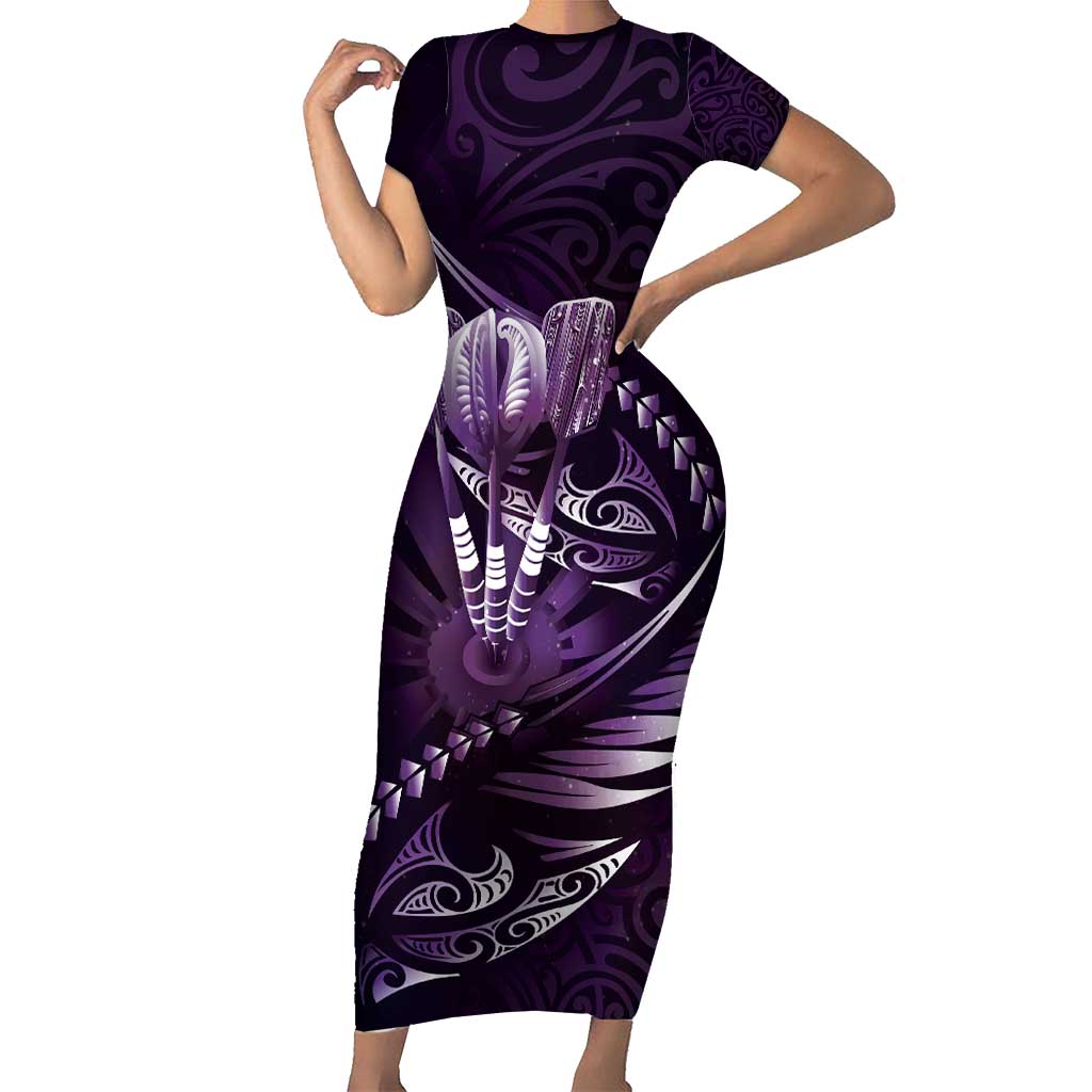 Personalised All Purple New Zealand Darts Family Matching Short Sleeve Bodycon Dress and Hawaiian Shirt Aoteroa Fern Maori Galaxy Style