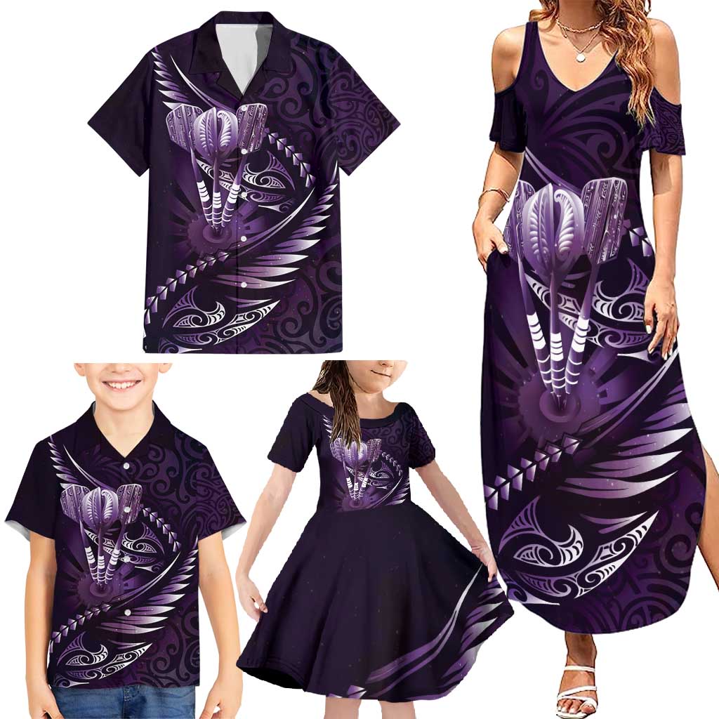 Personalised All Purple New Zealand Darts Family Matching Summer Maxi Dress and Hawaiian Shirt Aoteroa Fern Maori Galaxy Style
