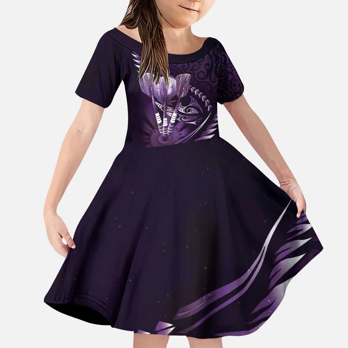 Personalised All Purple New Zealand Darts Kid Short Sleeve Dress Aoteroa Fern Maori Galaxy Style