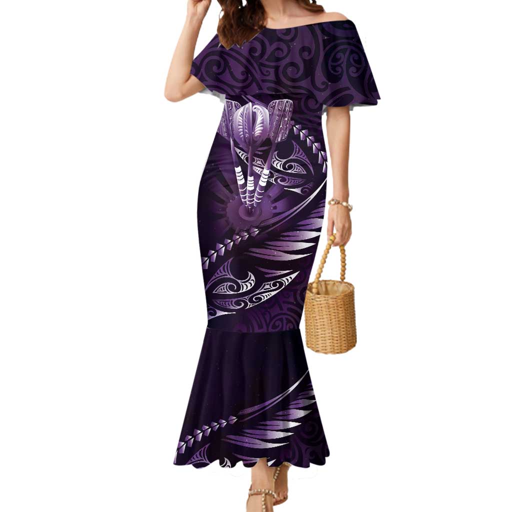 Personalised All Purple New Zealand Darts Mermaid Dress Aoteroa Fern Maori Galaxy Style