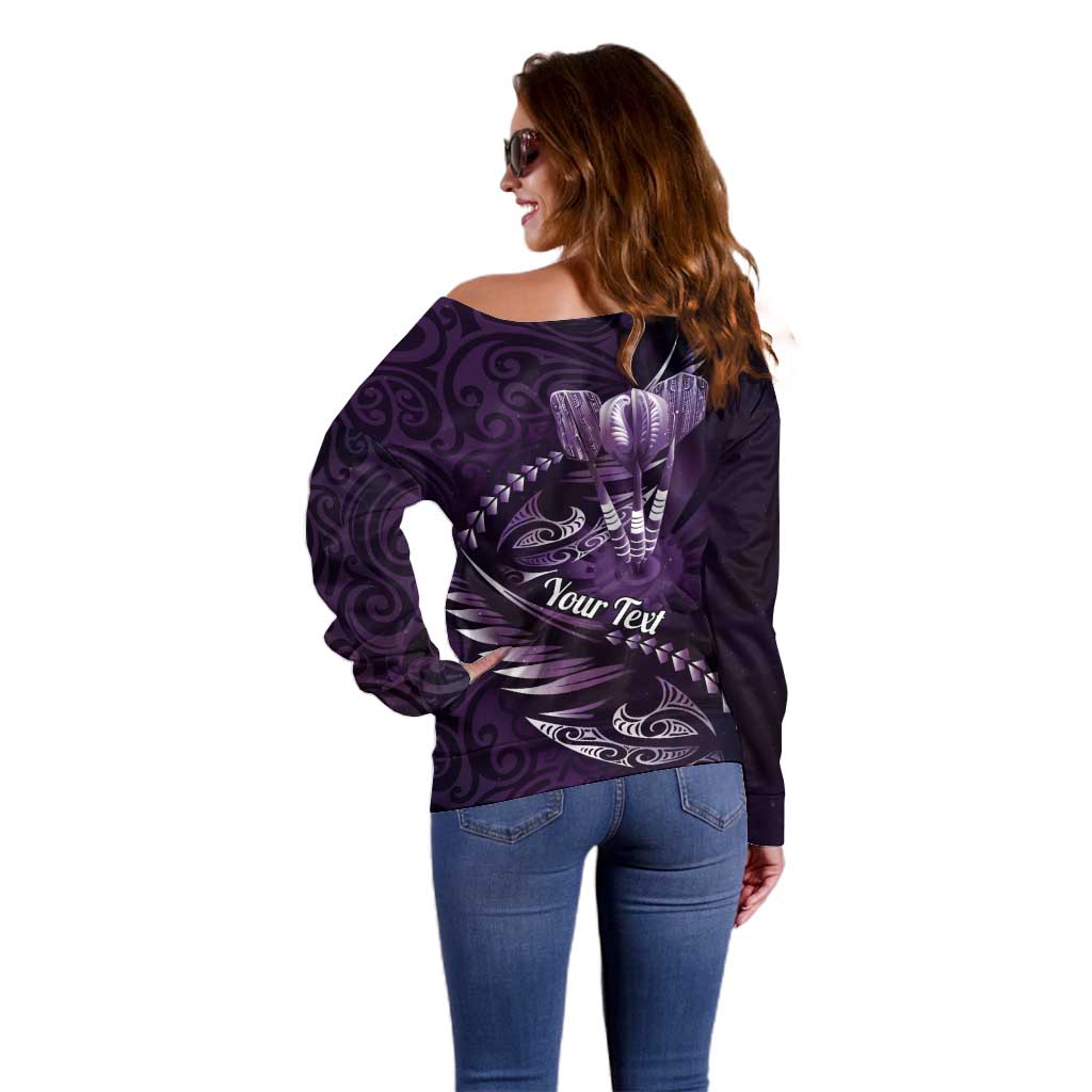 Personalised All Purple New Zealand Darts Off Shoulder Sweater Aoteroa Fern Maori Galaxy Style