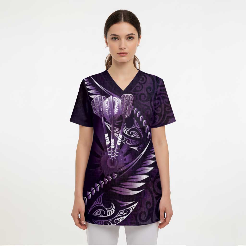 Personalised All Purple New Zealand Darts Scrub Top Aoteroa Fern Maori Galaxy Style - Polynesian Pride