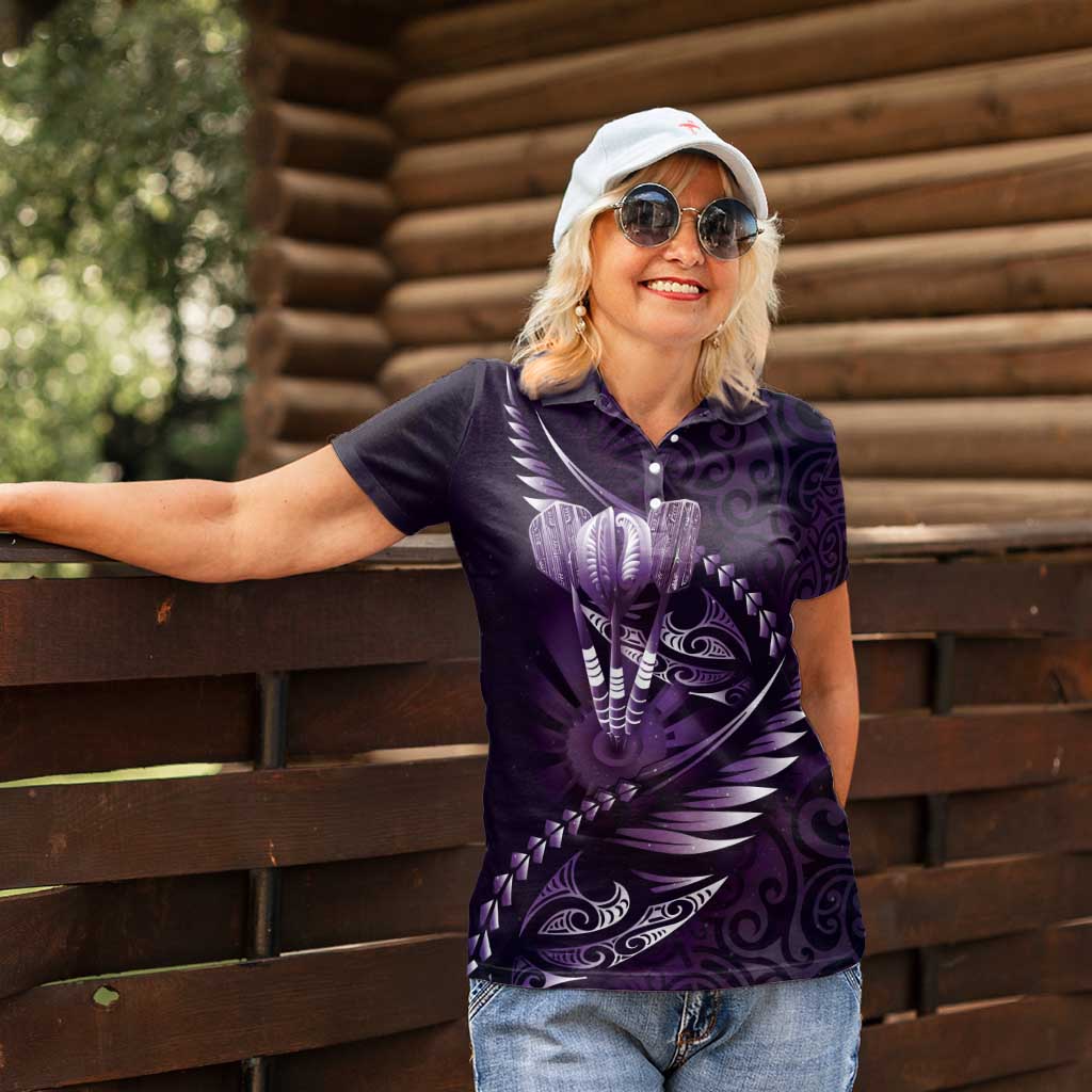 Personalised All Purple New Zealand Darts Women Polo Shirt Aoteroa Fern Maori Galaxy Style