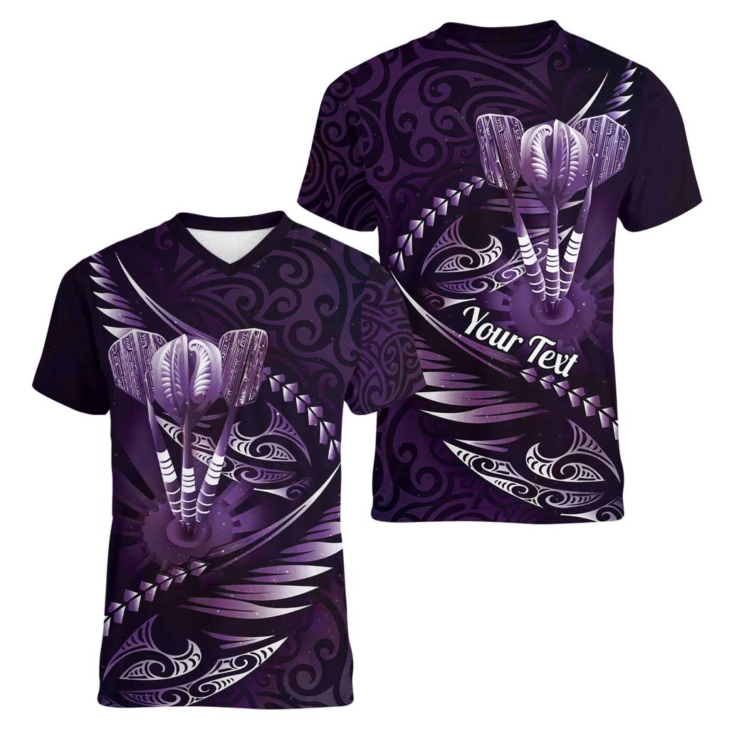 Personalised All Purple New Zealand Darts Women V-Neck T-Shirt Aoteroa Fern Maori Galaxy Style