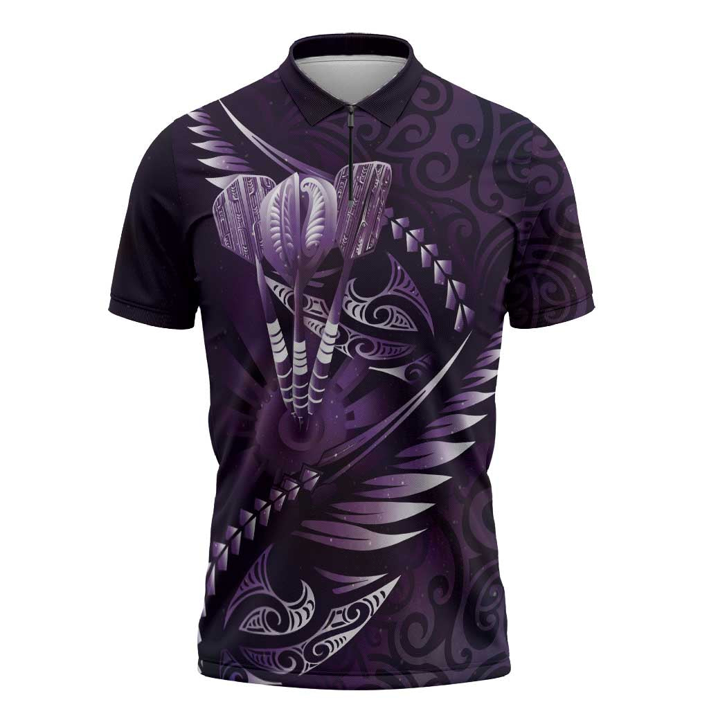 Personalised All Purple New Zealand Darts Zipper Polo Shirt Aoteroa Fern Maori Galaxy Style - Polynesian Pride