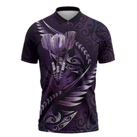 Personalised All Purple New Zealand Darts Zipper Polo Shirt Aoteroa Fern Maori Galaxy Style - Polynesian Pride