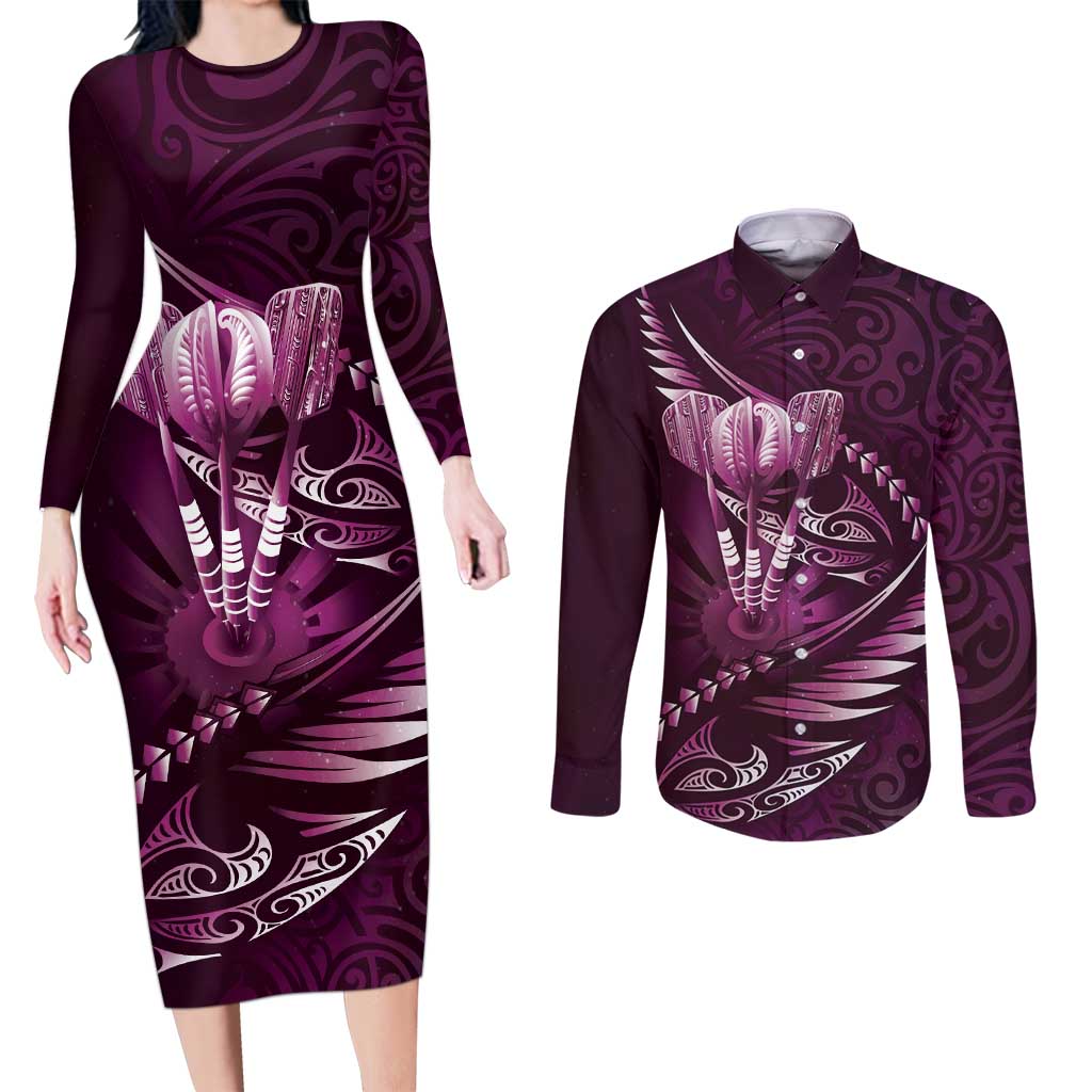 Personalised All Pink New Zealand Darts Couples Matching Long Sleeve Bodycon Dress and Long Sleeve Button Shirt Aoteroa Fern Maori Galaxy Style