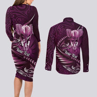 Personalised All Pink New Zealand Darts Couples Matching Long Sleeve Bodycon Dress and Long Sleeve Button Shirt Aoteroa Fern Maori Galaxy Style