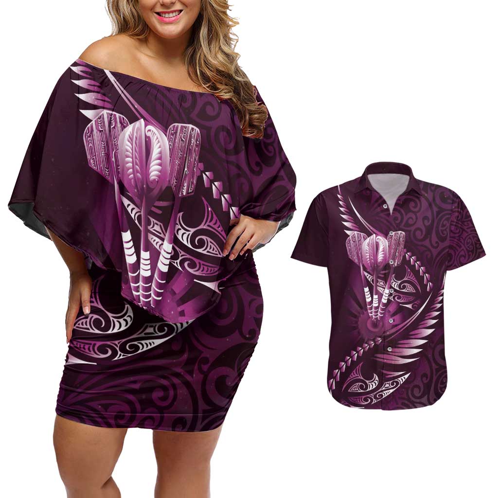 Personalised All Pink New Zealand Darts Couples Matching Off Shoulder Short Dress and Hawaiian Shirt Aoteroa Fern Maori Galaxy Style