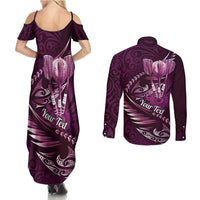 Personalised All Pink New Zealand Darts Couples Matching Summer Maxi Dress and Long Sleeve Button Shirt Aoteroa Fern Maori Galaxy Style